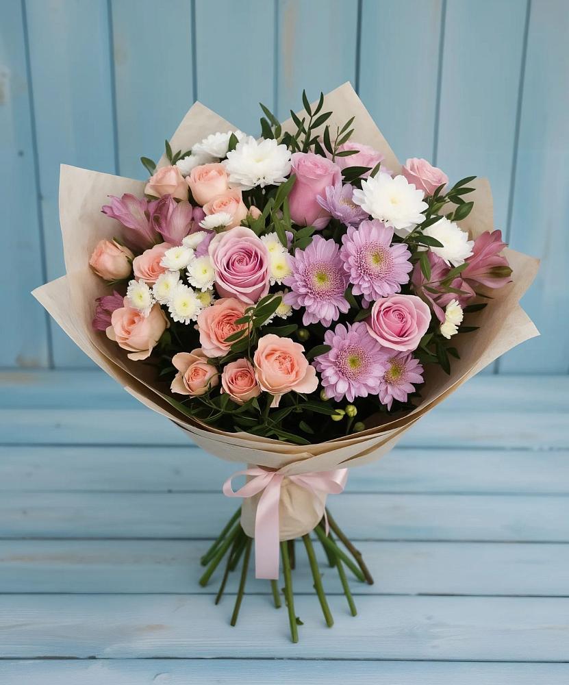 Букет цветов из: Хризантемы, Розы и Альстромерии в Суоярви