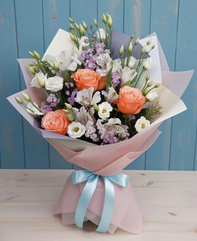 Букет цветов из: Лизиантусы, Розы, Альстромерии и Гипсофила в Суоярви