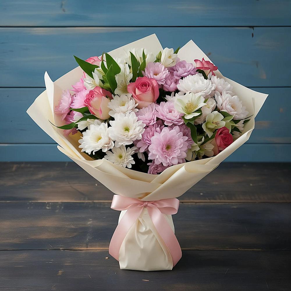 Букет цветов из: Хризантемы, Альстромерии и Розы в Суоярви